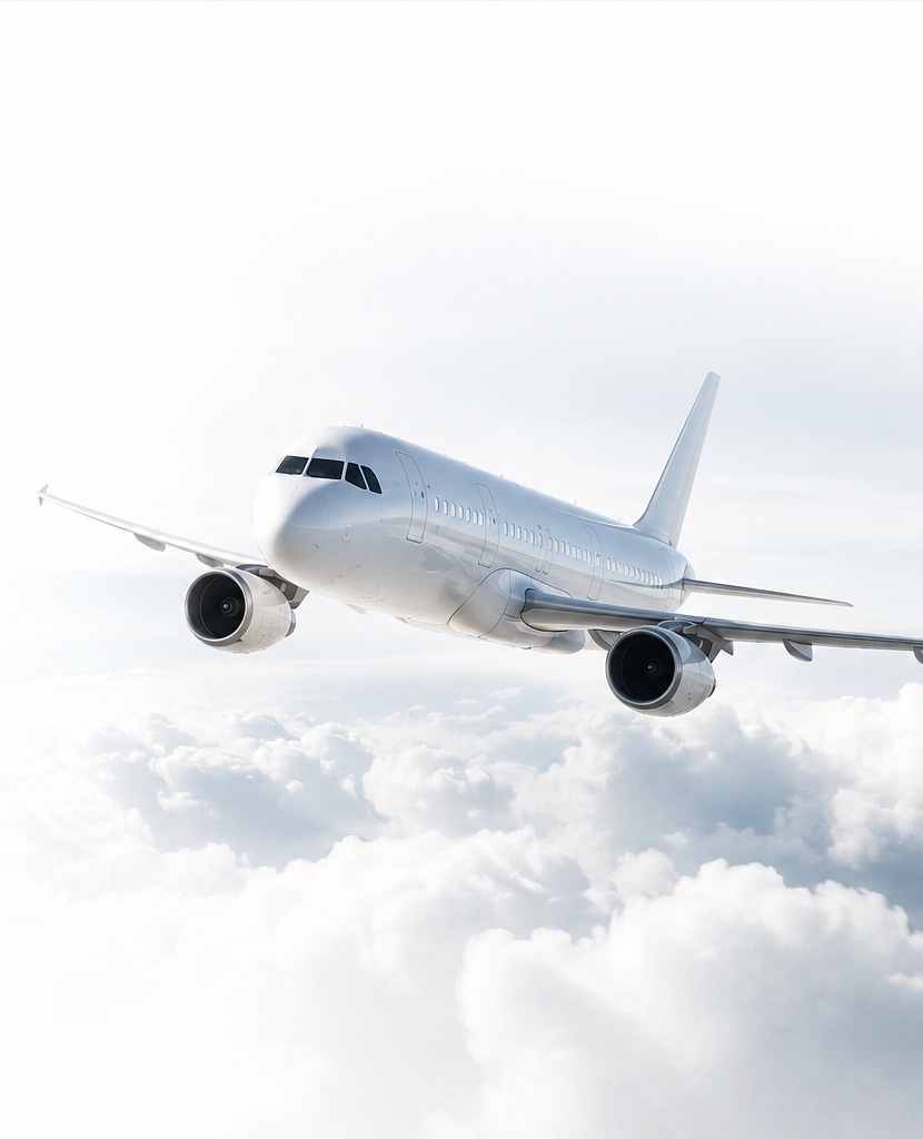 Unbranded passenger aircraft flying above white clouds