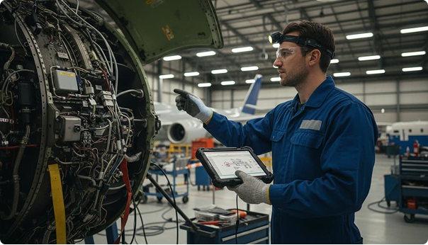 Engineer reviewing engine systems and compliance checks